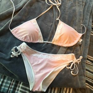 pink and white lace bikini